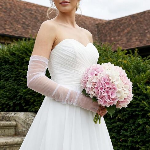 1 Pair Long White Wedding Gloves, Tulle Sleeves Sheer Tulle Fingerless Bridal Gloves Detachable Sheer Party Opera Elbow Length Glove for Women Girls Wedding Bridal Dance Party in Saudi Arabia