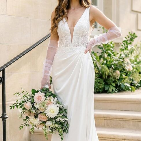 1 Pair Long White Wedding Gloves, Tulle Sleeves Sheer Tulle Fingerless Bridal Gloves Detachable Sheer Party Opera Elbow Length Glove for Women Girls Wedding Bridal Dance Party in Saudi Arabia