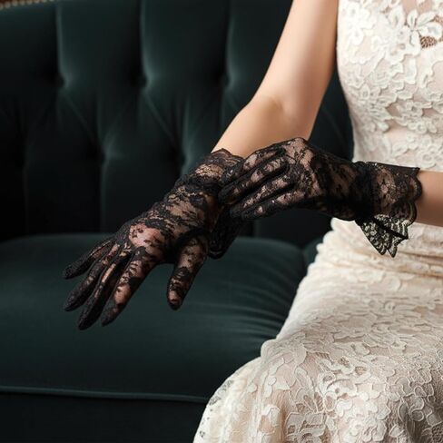 Black Lace Gloves for Women Short Lace Floral Opera Tea Party 80s Elegant Short Tea Party Wrist Length Bridal Wedding Prom Gloves for Women in Saudi Arabia