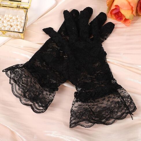 Black Lace Gloves for Women Short Lace Floral Opera Tea Party 80s Elegant Short Tea Party Wrist Length Bridal Wedding Prom Gloves for Women in Saudi Arabia