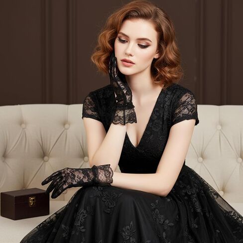Black Lace Gloves for Women Short Lace Floral Opera Tea Party 80s Elegant Short Tea Party Wrist Length Bridal Wedding Prom Gloves for Women in Saudi Arabia