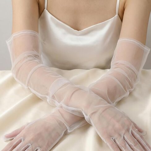 Women's Long Sheer Gloves, Tulle Mesh Glove, White Lace Gloves, 1920s Opera Tea Party Dance Wedding Glove for Bride in Saudi Arabia