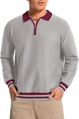 Men's Fashion Contrast Color Waffle Sweater, Quarter-Zip Collared Long Sleeve Pullover - Lightweight Loose Fit in Saudi Arabia