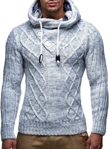 Leif Nelson Men's Knitted Hooded Sweater - Stylish Cable Knit Pullover with Button Detail, Warm and Comfortable for Fall & Winter Grey 3XL in Saudi Arabia