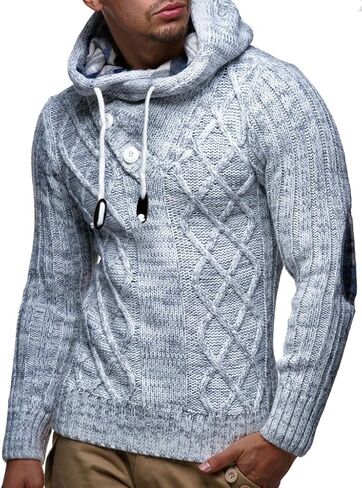 Leif Nelson Men's Knitted Hooded Sweater - Stylish Cable Knit Pullover with Button Detail, Warm and Comfortable for Fall & Winter Grey 3XL in Saudi Arabia