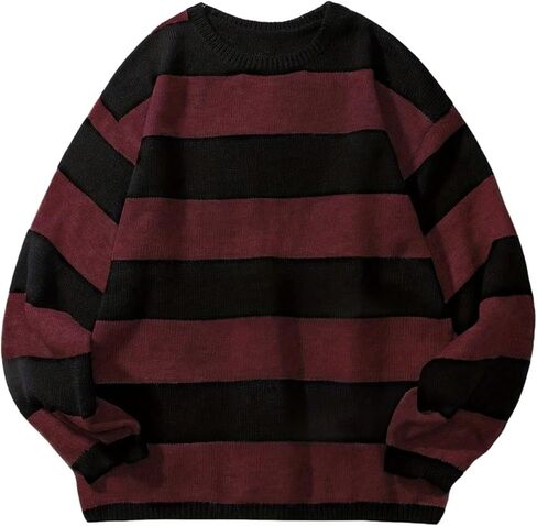 Men's Striped Pullover Sweaters Crew Neck Long Sleeve Loose Jumper Knit Tops in Saudi Arabia