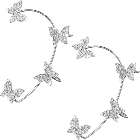 2PCS Butterfly Tassel Earrings, Shining Silver Earrings Butterfly, Zircon Rhinestone Design Clip-On Earring, Wrap Around Style Flower Ear Wraps, Fairy-Inspired Non-Piercing Jewelry for Women in Saudi Arabia