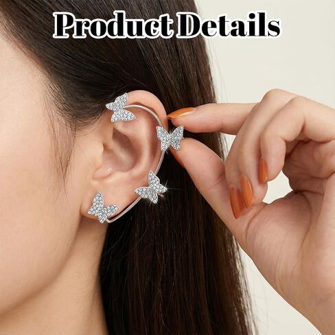 2PCS Butterfly Tassel Earrings, Shining Silver Earrings Butterfly, Zircon Rhinestone Design Clip-On Earring, Wrap Around Style Flower Ear Wraps, Fairy-Inspired Non-Piercing Jewelry for Women in Saudi Arabia