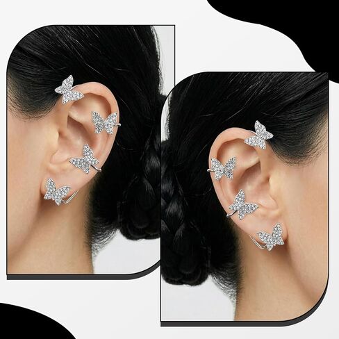 2PCS Butterfly Tassel Earrings, Shining Silver Earrings Butterfly, Zircon Rhinestone Design Clip-On Earring, Wrap Around Style Flower Ear Wraps, Fairy-Inspired Non-Piercing Jewelry for Women in Saudi Arabia