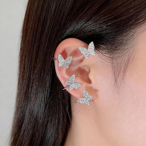 2PCS Butterfly Tassel Earrings, Shining Silver Earrings Butterfly, Zircon Rhinestone Design Clip-On Earring, Wrap Around Style Flower Ear Wraps, Fairy-Inspired Non-Piercing Jewelry for Women in Saudi Arabia