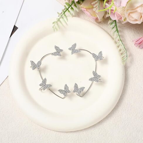 2PCS Butterfly Tassel Earrings, Shining Silver Earrings Butterfly, Zircon Rhinestone Design Clip-On Earring, Wrap Around Style Flower Ear Wraps, Fairy-Inspired Non-Piercing Jewelry for Women in Saudi Arabia