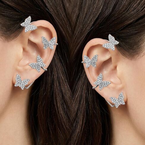 2PCS Butterfly Tassel Earrings, Shining Silver Earrings Butterfly, Zircon Rhinestone Design Clip-On Earring, Wrap Around Style Flower Ear Wraps, Fairy-Inspired Non-Piercing Jewelry for Women in Saudi Arabia