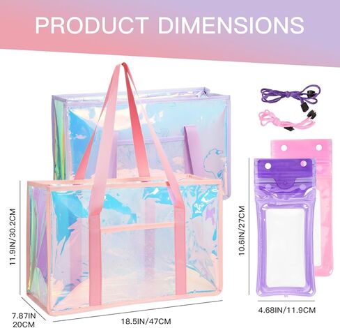 Iridescent Jelly Tote Bag Set for Women, 2 Pack Large Clear Beach Bags with Pink & Purple Phone Pouches in Kuwait