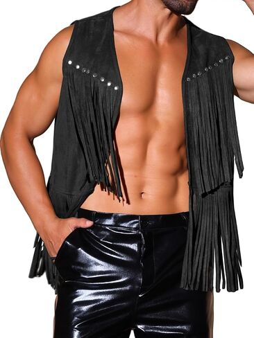 Lars Amadeus Fringe Vest for Men's Open Front Sleeveless Western 70s Suede Tassel Cardigan in Saudi Arabia