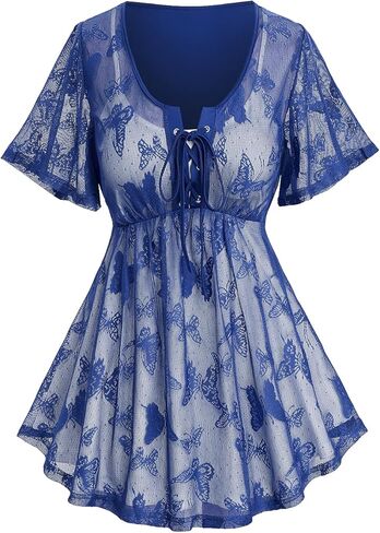 Rosegal Plus Size Womens V Neck Butterfly Lace Overlay Lace-up 2 in 1 Blouse Short Flutter Sleeve Flowy Top in Saudi Arabia