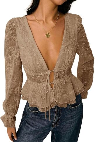 Embroidery Deep V-Neck Tie Front Long Sleeve Ruffle Hem Sexy Blouse Women's Dressy Business Casual Blouse in Saudi Arabia