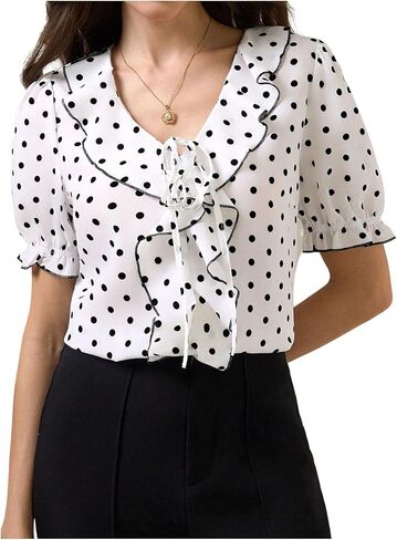 بلوزات SweatyRocks النسائية منقطة بأكمام منتفخة وحواف مكشكشة ورقبة على شكل حرف V قمصان كاجوال للعمل in Saudi Arabia