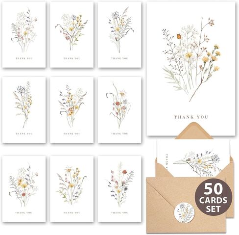 AUDREE Wildflower Thank You Cards with Envelopes (50 Pack 3.5" x 5.2") – Floral Thank You Notes with Adhesive Envelopes & Matching Stickers for Weddings, Baby & Bridal Showers in Saudi Arabia