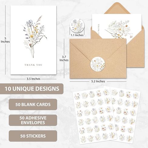 AUDREE Wildflower Thank You Cards with Envelopes (50 Pack 3.5" x 5.2") – Floral Thank You Notes with Adhesive Envelopes & Matching Stickers for Weddings, Baby & Bridal Showers in Saudi Arabia