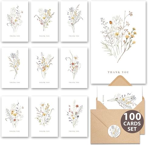 AUDREE Wildflower Thank You Cards with Envelopes (50 Pack 3.5" x 5.2") – Floral Thank You Notes with Adhesive Envelopes & Matching Stickers for Weddings, Baby & Bridal Showers in Saudi Arabia