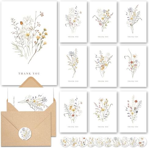 AUDREE Wildflower Thank You Cards with Envelopes (50 Pack 3.5" x 5.2") – Floral Thank You Notes with Adhesive Envelopes & Matching Stickers for Weddings, Baby & Bridal Showers in Saudi Arabia