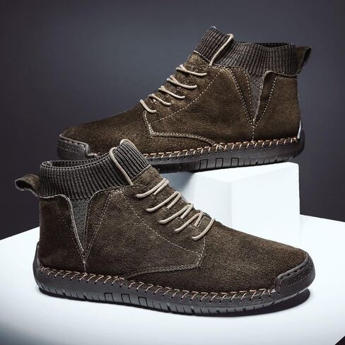 Shoes Men's Fashionable Lace-up Stitching Leather Boots High-top Round-toe Flat-soled Oxford Shoes for Travel Driving Men Casual Soft-soled Shoes(Gray,9) in Saudi Arabia