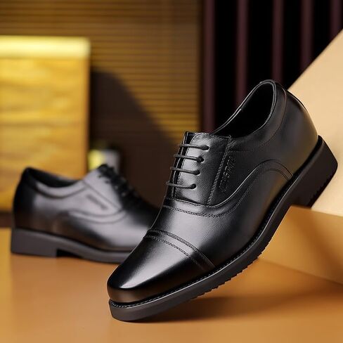 Men Oxford Shoes Business Commuting Leather Shoes Casual Shoes Lace-Up Design Black Low-Cut Round Toe Rubber Sole Height-Increasing Feature in Saudi Arabia