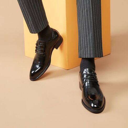 Men's Black Japanese and Korean Pointed Business Formal Leather Shoes Glossy Casual Pointed Derby Shoe Laces Suitable for Weddings and Offices in Saudi Arabia