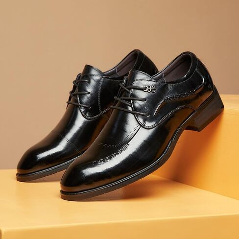 Men's Black Japanese and Korean Pointed Business Formal Leather Shoes Glossy Casual Pointed Derby Shoe Laces Suitable for Weddings and Offices in Saudi Arabia