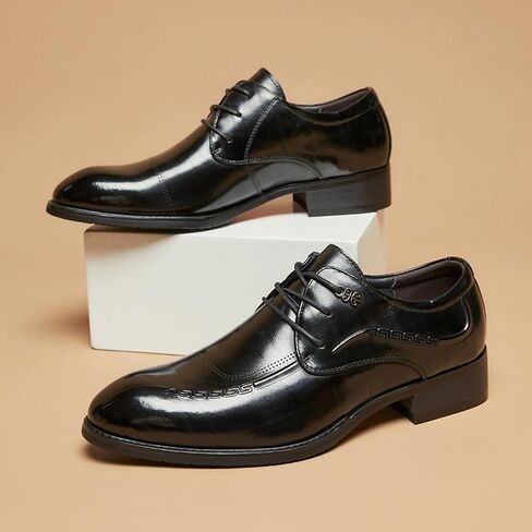 Men's Black Japanese and Korean Pointed Business Formal Leather Shoes Glossy Casual Pointed Derby Shoe Laces Suitable for Weddings and Offices in Saudi Arabia