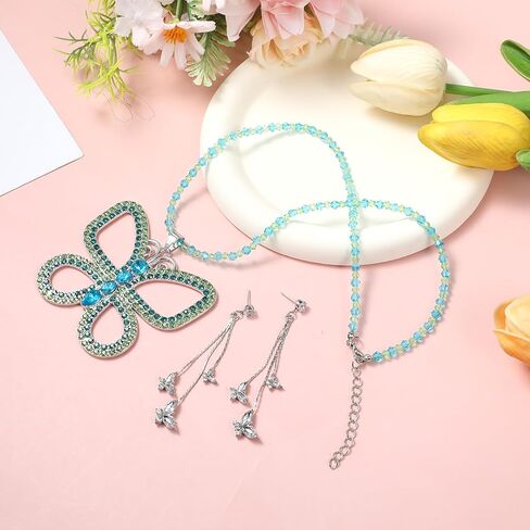 Sibba Green Butterfly Choker Necklace and Silver Rhinestone Earrings Large Sparkly Butterfly Jewelry Set Inspired by 13 Going on 30 Movie Elegant Gift for Women Halloween Christmas Accessories in Saudi Arabia