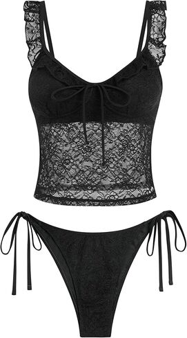 ZAFUL المرأة بيكيني من الدانتيل مجموعة السباغيتي الأشرطة كشكش Tankini صفيق العلاقات الجانبية 2 قطعة ملابس السباحة ثوب السباحة in Kuwait