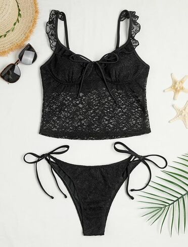 ZAFUL المرأة بيكيني من الدانتيل مجموعة السباغيتي الأشرطة كشكش Tankini صفيق العلاقات الجانبية 2 قطعة ملابس السباحة ثوب السباحة in Kuwait