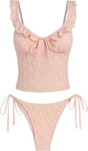 ZAFUL المرأة بيكيني من الدانتيل مجموعة السباغيتي الأشرطة كشكش Tankini صفيق العلاقات الجانبية 2 قطعة ملابس السباحة ثوب السباحة in Kuwait