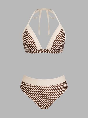 CUPSHE Women's Bikini Set V Neck Color Block Two Piece Swimsuit Halter Strap Back Hook Bathing Suit Full Coverage Retro in Saudi Arabia