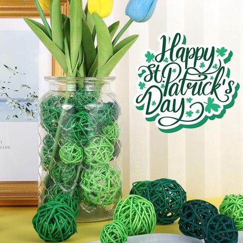 42 قطعة من كرات الروطان المصنوعة من الخيزران لعيد القديس باتريك، ديكور للطاولة، كرات الروطان المعلقة، زخارف مزهرية لحشو وعاء الربيع في عيد القديس باتريك، أوعية مزهرية مركزية لتزيين الطاولة in Kuwait