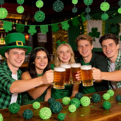 42 قطعة من كرات الروطان المصنوعة من الخيزران لعيد القديس باتريك، ديكور للطاولة، كرات الروطان المعلقة، زخارف مزهرية لحشو وعاء الربيع في عيد القديس باتريك، أوعية مزهرية مركزية لتزيين الطاولة in Kuwait