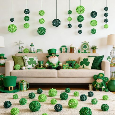 42 قطعة من كرات الروطان المصنوعة من الخيزران لعيد القديس باتريك، ديكور للطاولة، كرات الروطان المعلقة، زخارف مزهرية لحشو وعاء الربيع في عيد القديس باتريك، أوعية مزهرية مركزية لتزيين الطاولة in Kuwait