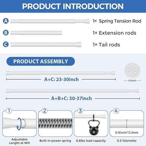 قضيب ستارة شد زنبركي قضيب شد قصير للنافذة والمطبخ (أبيض، 23 بوصة - 37 بوصة - قطعتان) in Kuwait