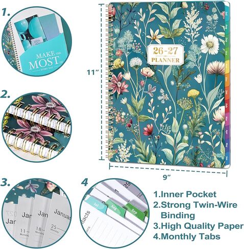 Planner 2026-2027 - Academic Planner 2026-2027, from JULY 2026 to JUNE 2027, 9'' x 11'', Planner Weekly and Monthly, 26-27 Calendar Planner with Colourful Tabs, Premium Thick Paper, Twin-Wire Binding, Back Pocket in Kuwait
