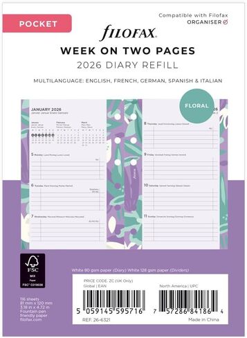 إعادة تعبئة مذكرات تقويم Filofax، حجم الجيب، عرض أسبوعي، حزمة مذكرات زهرية مصورة مع تصميم طباعة بأربعة ألوان، متعدد اللغات: خمس لغات، 2026 (C6321-26) in Saudi Arabia