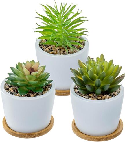 MyGift Assorted Artificial Succulent Plants - Decorative Fake Desert Plants with Pebble Fillers in White Ceramic Pots with Bamboo Saucers, Set of 3 in Saudi Arabia