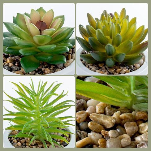 MyGift Assorted Artificial Succulent Plants - Decorative Fake Desert Plants with Pebble Fillers in White Ceramic Pots with Bamboo Saucers, Set of 3 in Saudi Arabia