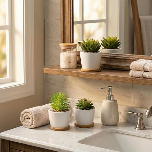 MyGift Assorted Artificial Succulent Plants - Decorative Fake Desert Plants with Pebble Fillers in White Ceramic Pots with Bamboo Saucers, Set of 3 in Saudi Arabia