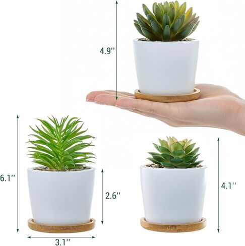 MyGift Assorted Artificial Succulent Plants - Decorative Fake Desert Plants with Pebble Fillers in White Ceramic Pots with Bamboo Saucers, Set of 3 in Saudi Arabia