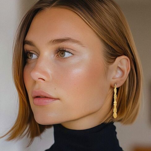 14K Yellow Gold Large Bamboo Hoop Earrings 56mm Round Polished Texture Snap Back For Women Big Statement Gift in Saudi Arabia