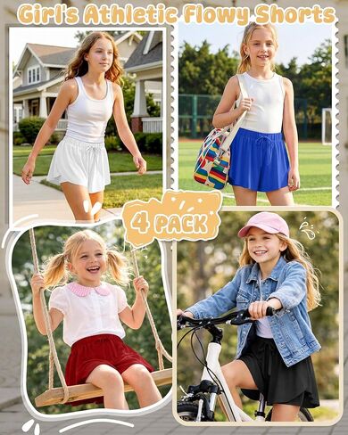 4 Pack Girl's Athletic Flowy Shorts Kids Butterfly Short with Pockets 2 in 1 Drawstring Sports Skirts for 5-14 Years in Saudi Arabia