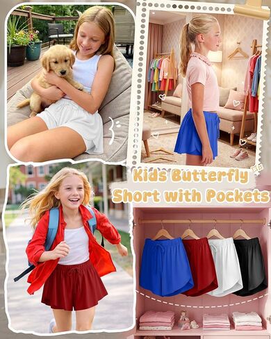 4 Pack Girl's Athletic Flowy Shorts Kids Butterfly Short with Pockets 2 in 1 Drawstring Sports Skirts for 5-14 Years in Saudi Arabia