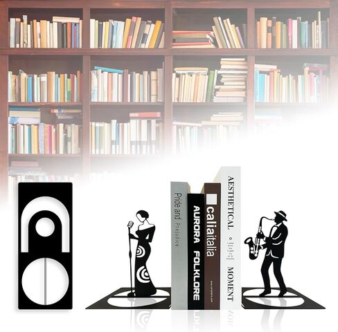 Jazz Band Metal Bookends, Music Bookends, Musical Instrument Book Ends, Singer and Saxophone Player Shelf Decor, Musician Book Stand, Black Book Holders for Home Office in Kuwait