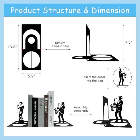 Jazz Band Metal Bookends, Music Bookends, Musical Instrument Book Ends, Singer and Saxophone Player Shelf Decor, Musician Book Stand, Black Book Holders for Home Office in Kuwait